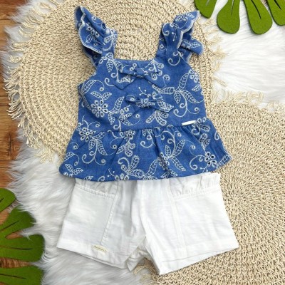 Conj. Bata com Flores Bordadas e Short em Sarja - Azul e Off